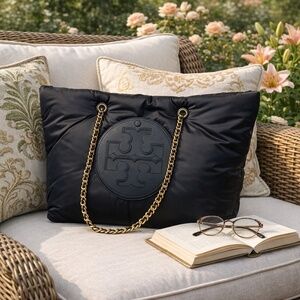 NEW Tory Burch Ella Black Nylon Puffer Large Chain Shopper Tote Bag/Carryall Bag